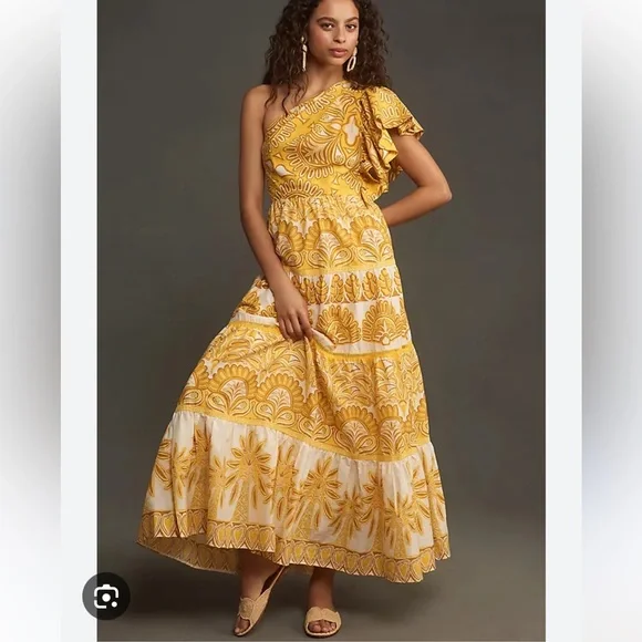 ‼️LAST CHANCE - Farm Rio Ainika tapestry yellow one shoulder maxi dress - Picture 1 of 10